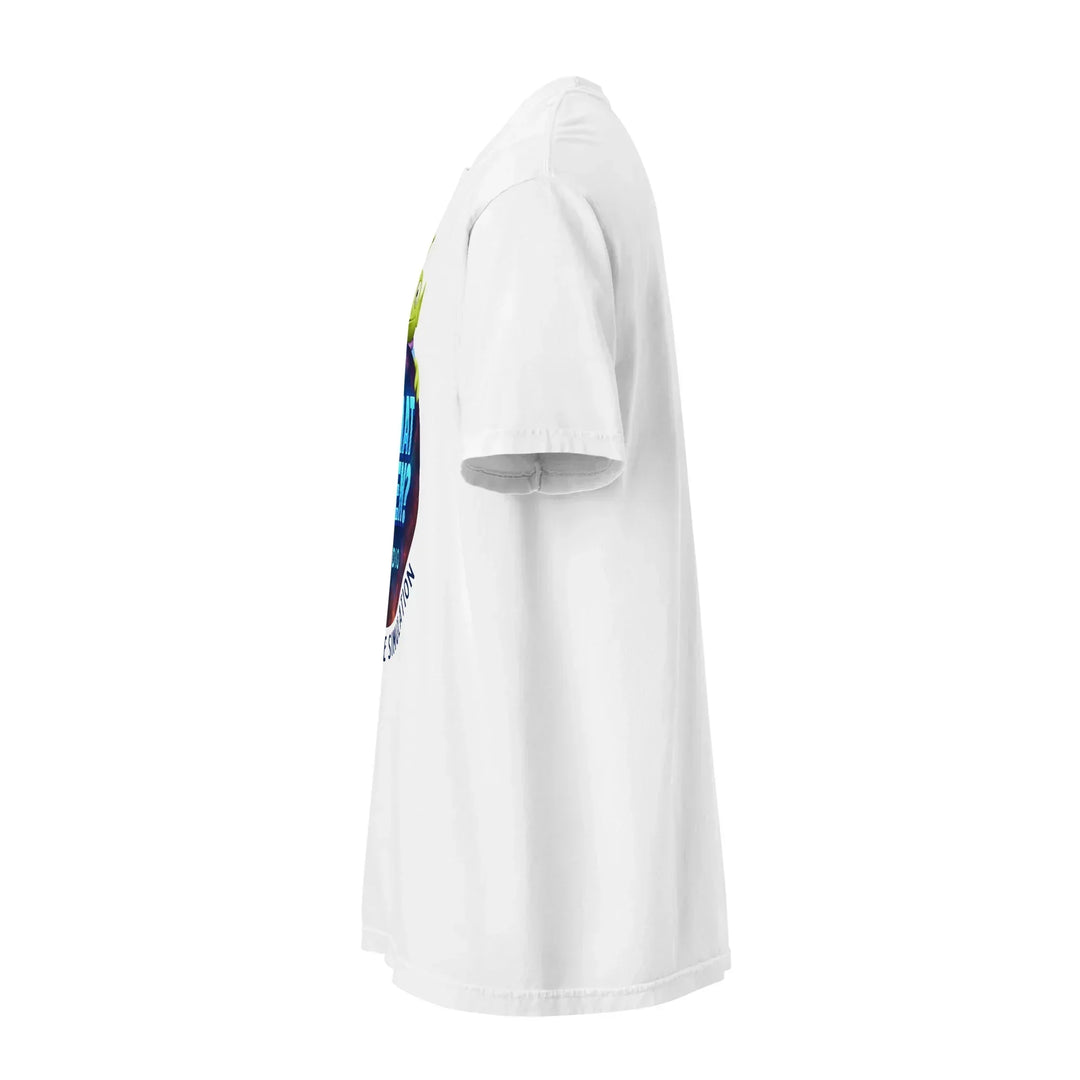 Unisex white heavyweight t-shirt side view with colorful What Then Studio graphic print