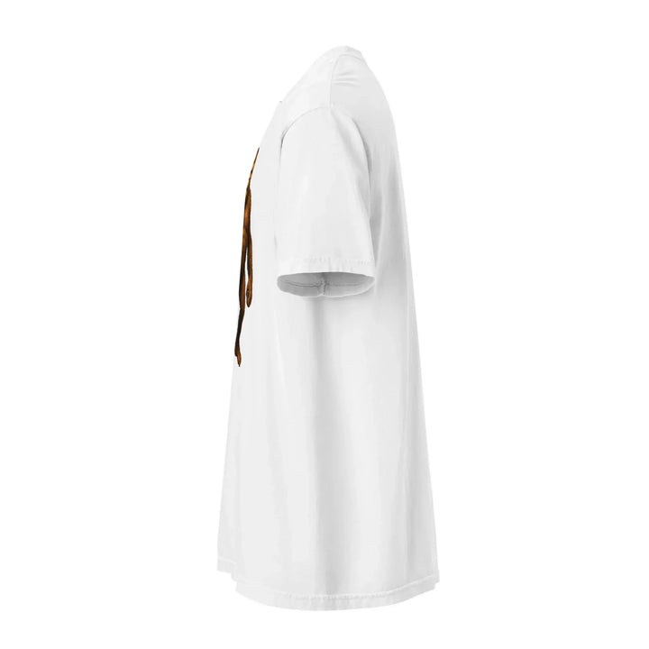 Side view of unisex heavyweight white What Then Studio t-shirt with front graphic detail