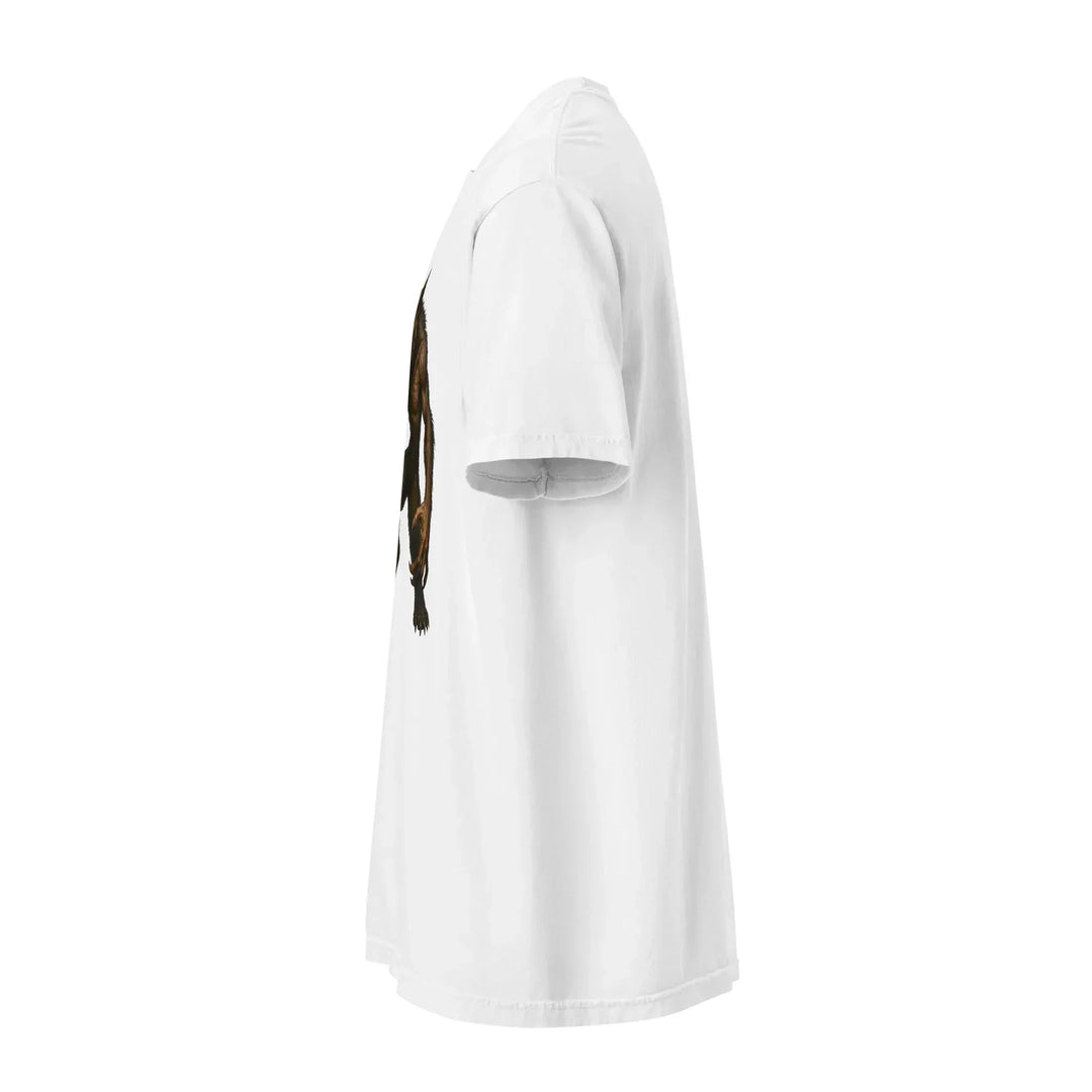 Unisex white heavyweight T-shirt, side view, with partial dark graphic print, What Then Studio