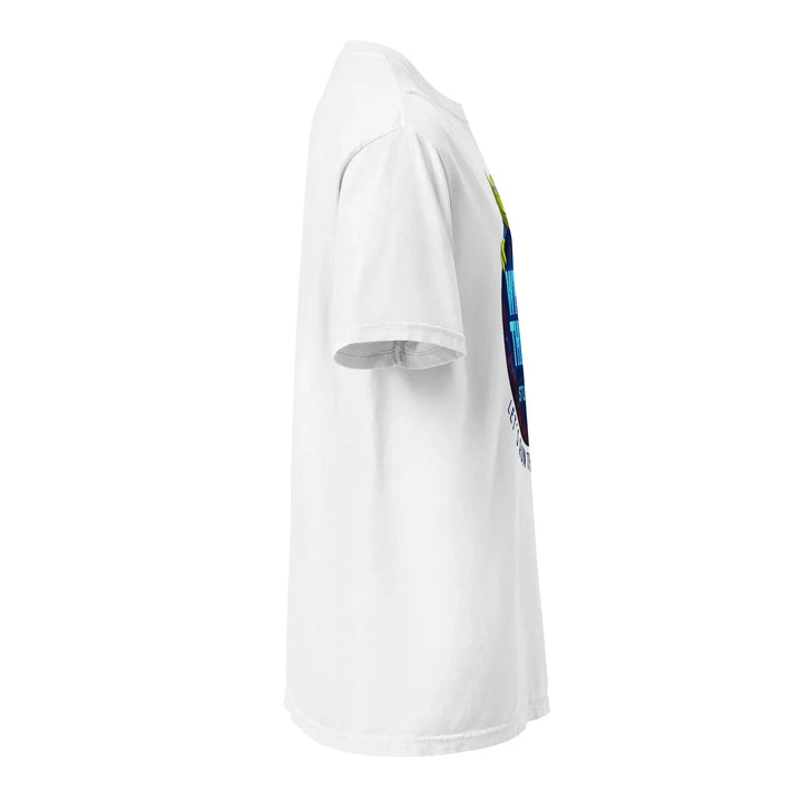 Unisex white heavyweight t-shirt side view with partial graphic, What Then Studio apparel