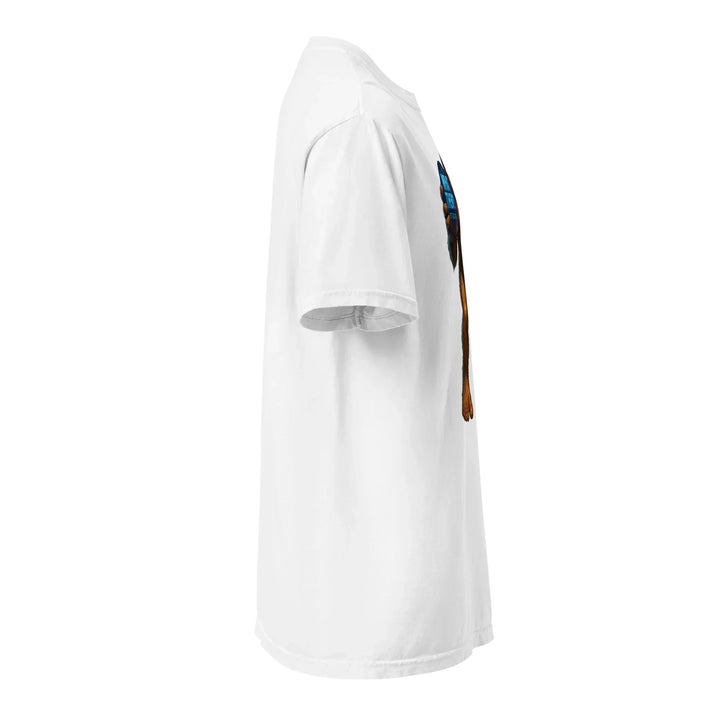 Unisex heavyweight white T-shirt side view, What Then Studio apparel with graphic detail