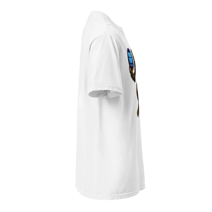 Unisex heavyweight white t-shirt with What Then Studio logo and graphic on chest, side view